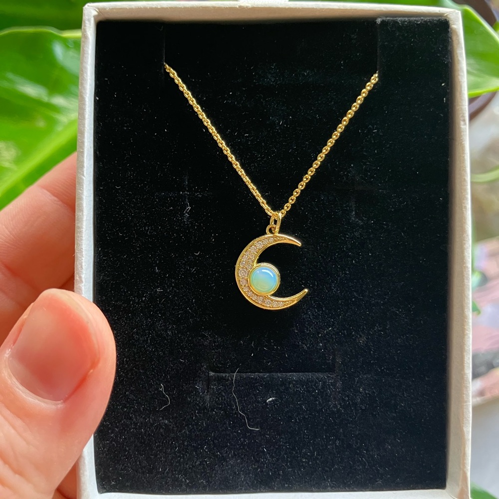 Gold Crescent Moon Pendant Necklace with Opal Accent